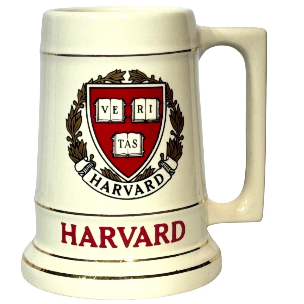 Harvard University‎ Veritas Crest Beer Stein Mug Ceramic Gold Trim Cream